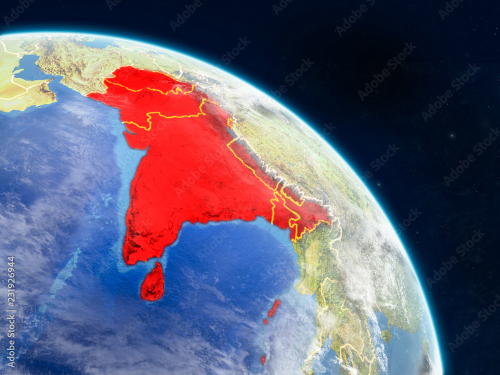 SAARC memeber states from space on realistic model of planet Earth with country borders and detailed planet surface and clouds.