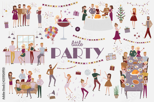 Set of people celebrating, funny cartoon style icons collection with men and women. Laughing and dancing young people at party. Editable vector 