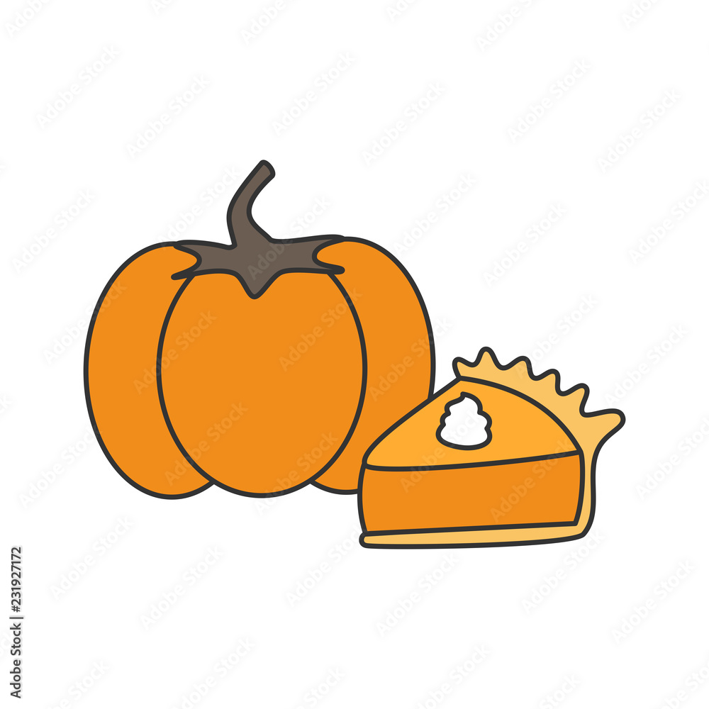 cute cartoon vector triangular pumpkin pie slice with whipped cream and  orange pumpkin thanksgiving illustration Stock Vector | Adobe Stock