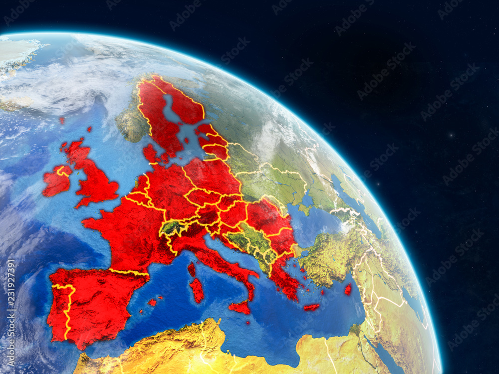 European Union from space on realistic model of planet Earth with country borders and detailed planet surface and clouds.