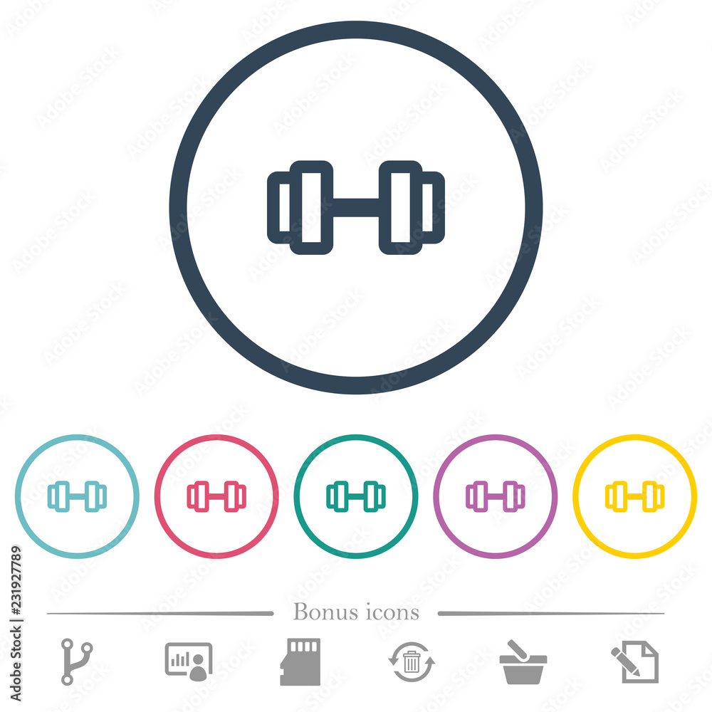 Barbell flat color icons in round outlines Barbell flat color icons in round outlines