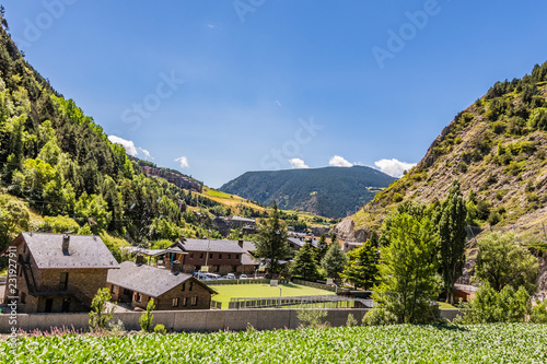 Valley surrounded by pine forests in the Pyrenees. Andorra Europe