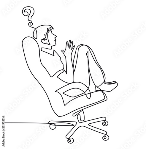 continuous line drawing of young man in an office chair reflects on work, brainstorming an employee, a designer in profile one line vector illustration.