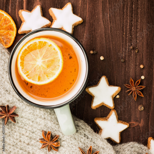 Winter and New Year theme. Christmas tea with spices