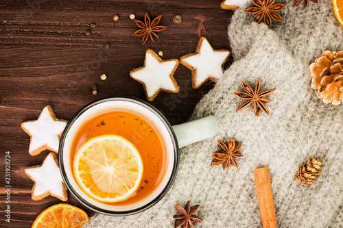 Winter and New Year theme. Christmas tea with spices