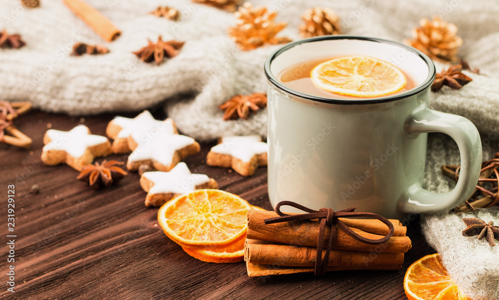 Winter and New Year theme. Christmas tea with spices Winter and New Year theme. Christmas tea with spices