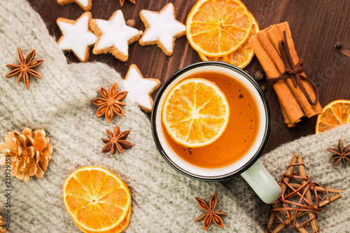 Winter and New Year theme. Christmas tea with spices