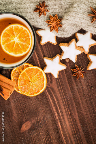 Fototapeta Naklejka Na Ścianę i Meble -  Winter and New Year theme. Christmas tea with spices