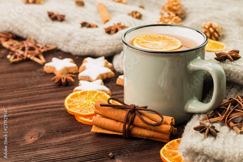 Winter and New Year theme. Christmas tea with spices