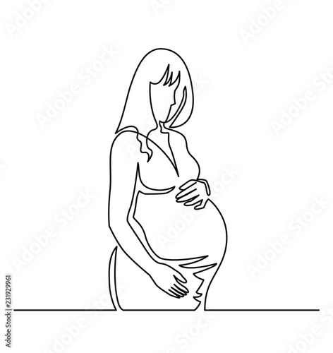 Continuous line drawing. Happy pregnant woman, silhouette picture. Vector illustration