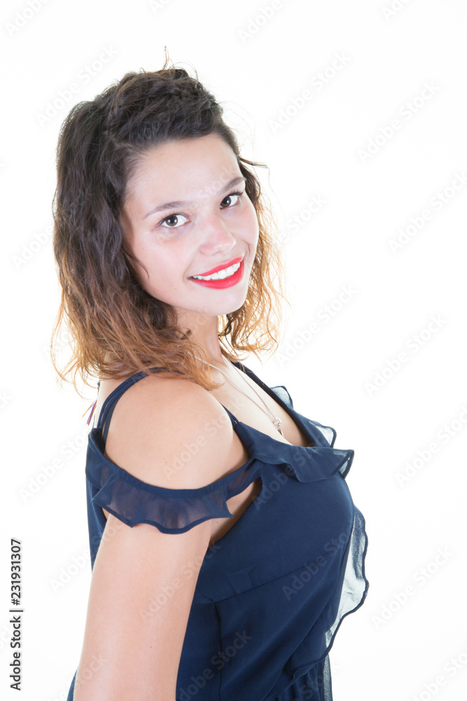 Beautiful young woman in blue dress on white background Beautiful young woman in blue dress on white background