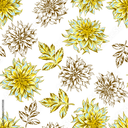 Seamless pattern with fluffy yellow dahlias.