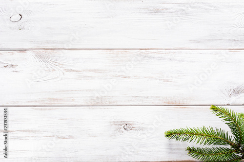 Christmas fir branch on white wooden background
