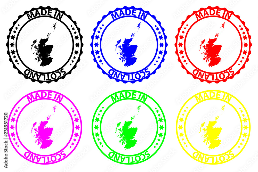 Made in Scotland - rubber stamp - vector, Scotland map pattern - black, blue, green, yellow, purple and red Made in Scotland - rubber stamp - vector, Scotland map pattern - black, blue, green, yellow, purple and red
