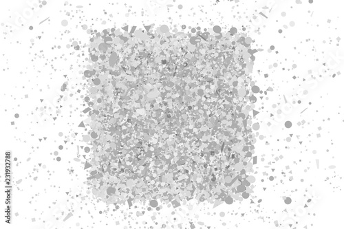 Square complicated shape. Confetti on white. Intricate pattern for design. Background with glitters. Print for polygraphy, posters, banners and textiles. Greeting cards