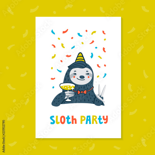 Animal party. Lazy sloth party. Cute sloth with champagne