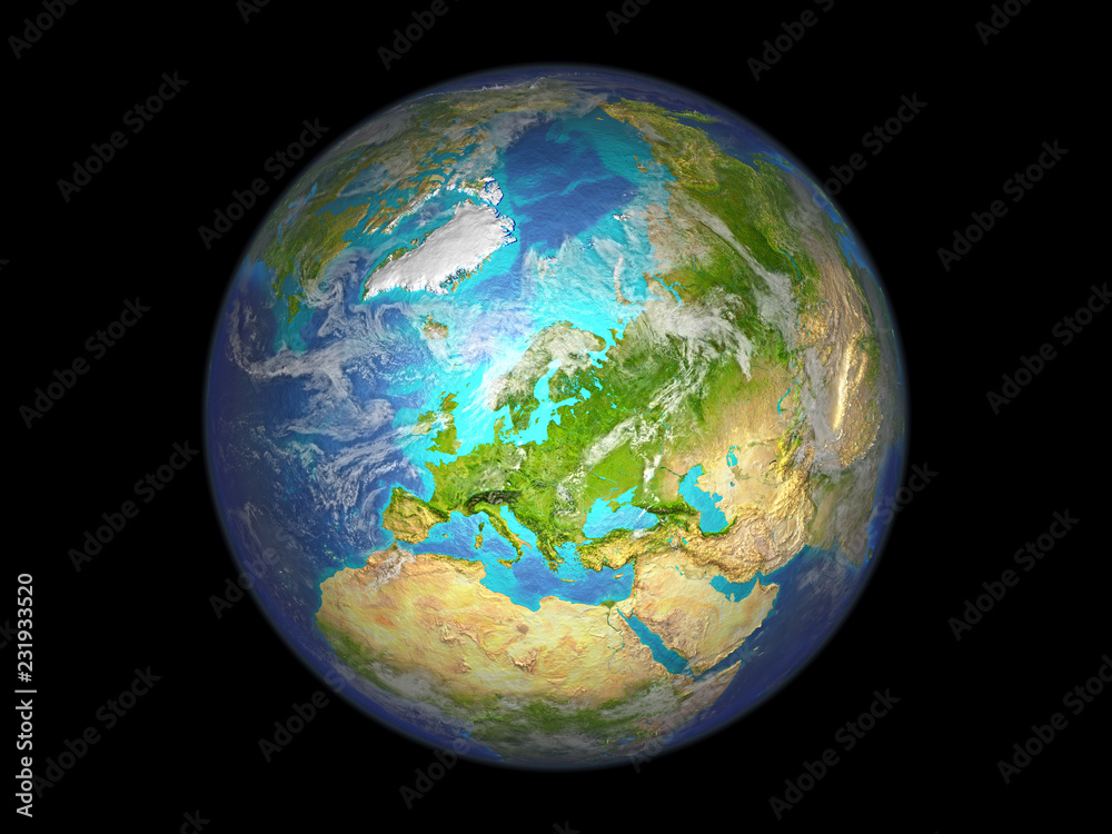 Europe on planet Earth from space. 3D illustration isolated on white background.