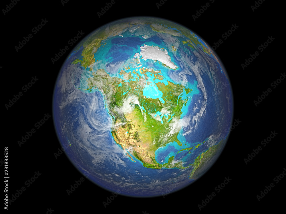 North America on planet Earth from space. 3D illustration isolated on white background.