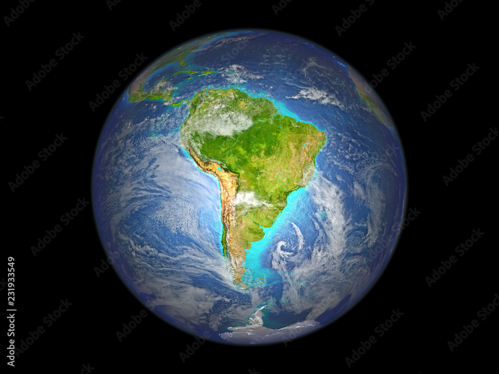 Fototapeta premium South America on planet Earth from space. 3D illustration isolated on white background.