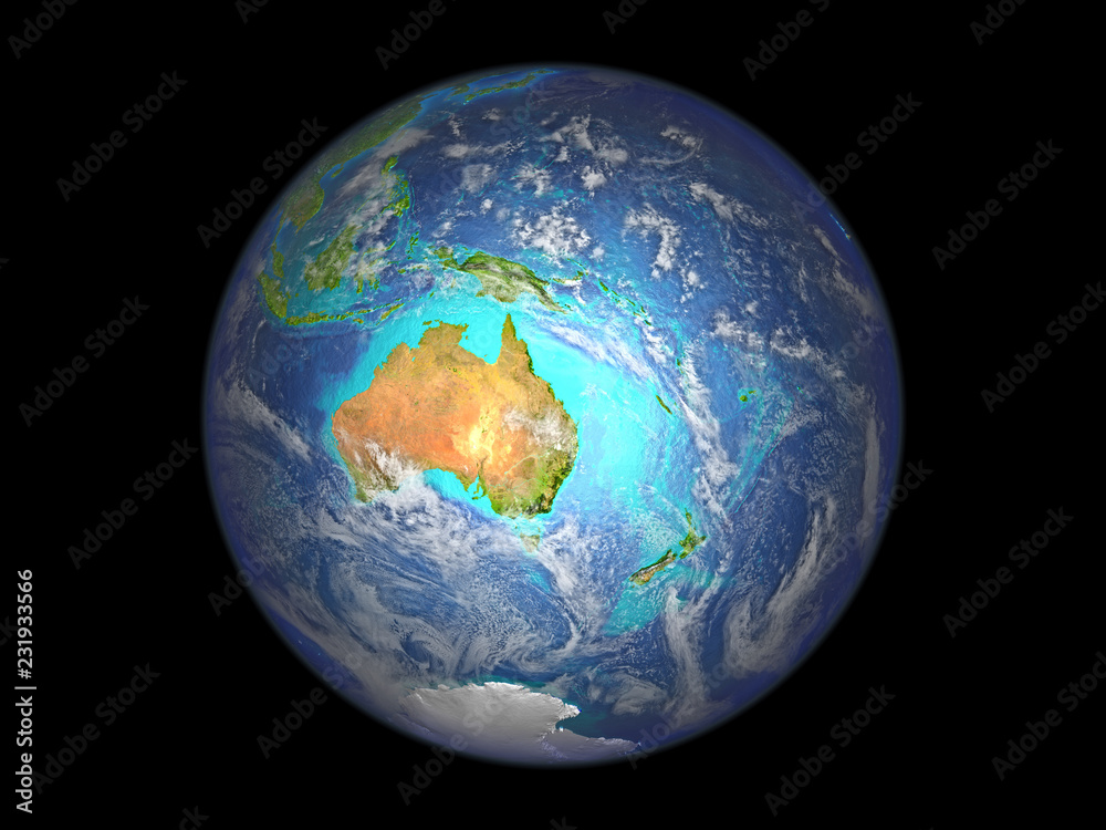 Australia on planet Earth from space. 3D illustration isolated on white background.