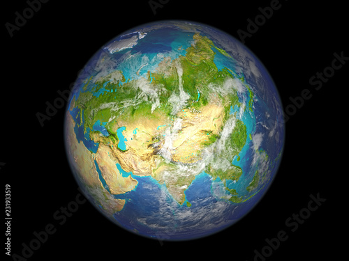 Asia on planet Earth from space. 3D illustration isolated on white background.