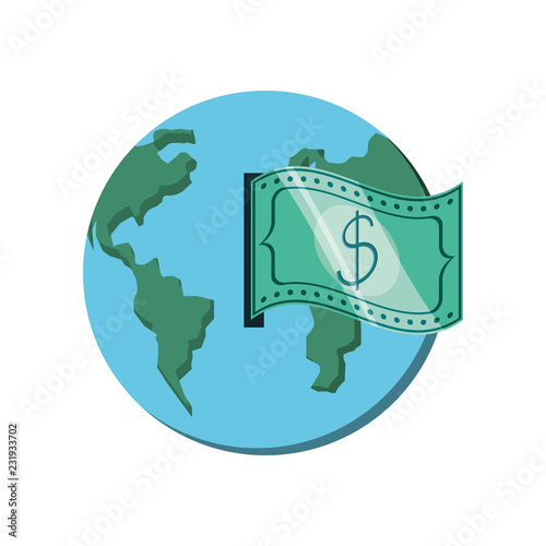 world planet earth with bills dollars