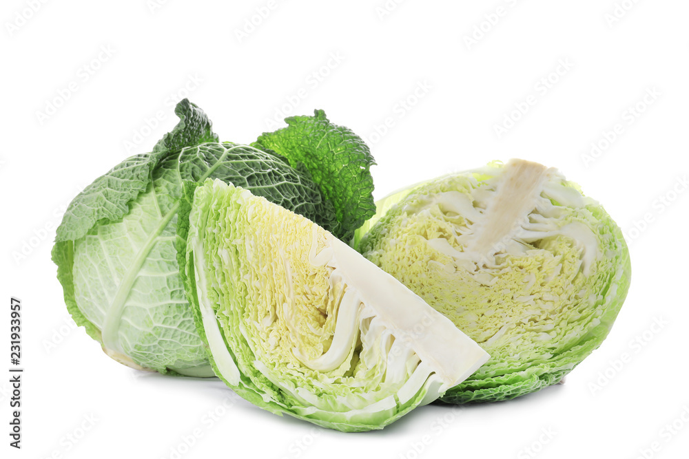 Fresh green savoy cabbages on white background Fresh green savoy cabbages on white background