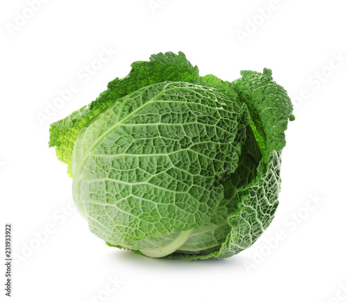 Fresh green savoy cabbage on white background