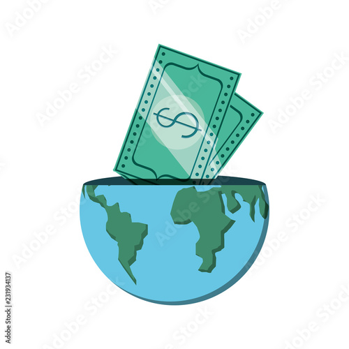 world planet earth with bills dollars