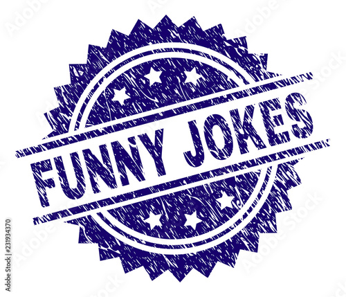 FUNNY JOKES stamp seal watermark with distress style. Blue vector rubber print of FUNNY JOKES text with grunge texture.