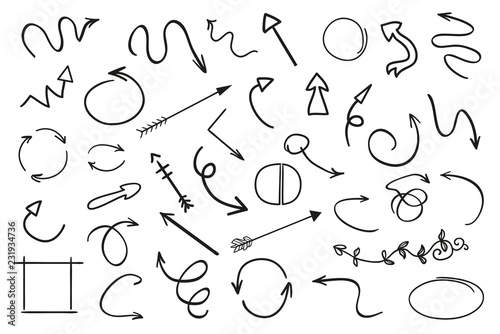 Linear shapes on white. Chaos abstract patterns. Scribble sketches. Tangled arrows. Backgrounds with array of lines. Black and white illustration. Doodles for design and business