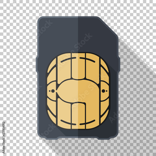 Mini sim card icon in flat style with long shadow on transparent background