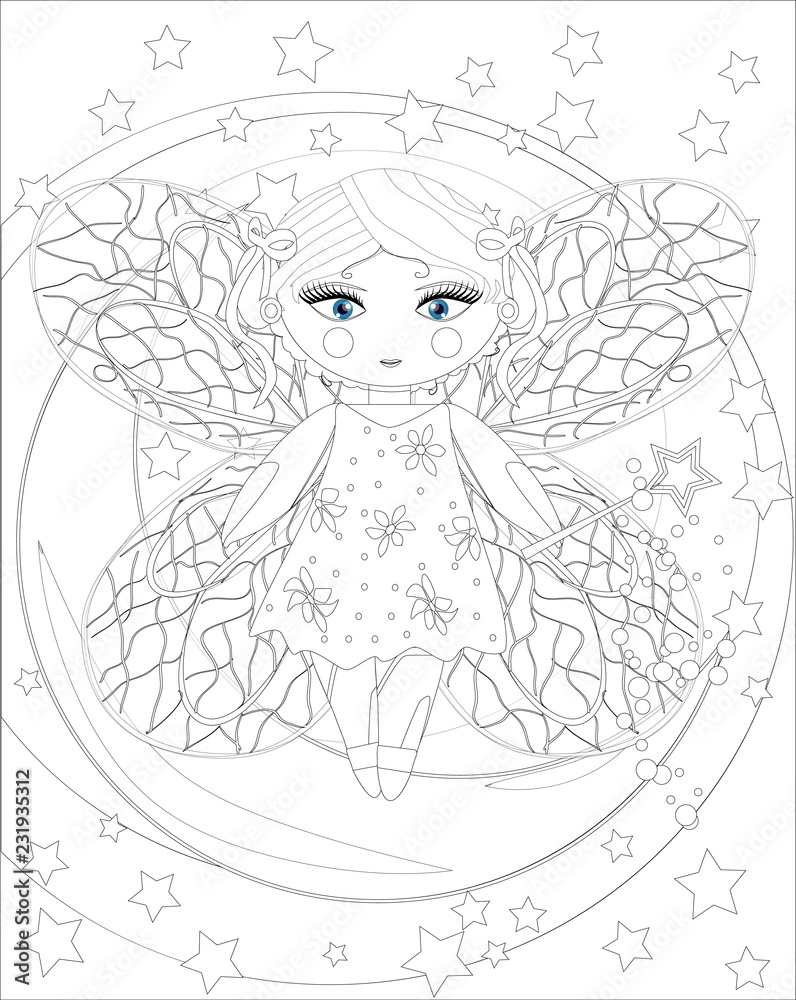 cute fairy girl on moon.Sketch, postcard, print, coloring adult anti stress book. Boho zen art style doodle. cute fairy girl on moon.Sketch, postcard, print, coloring adult anti stress book. Boho zen art style doodle.