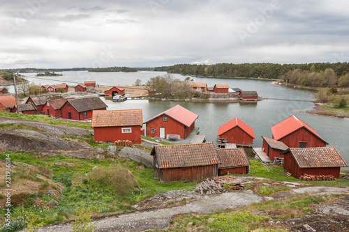 red swedish houses in Harstena, a little fishing village in the Gry skerry garden, swedish east coast