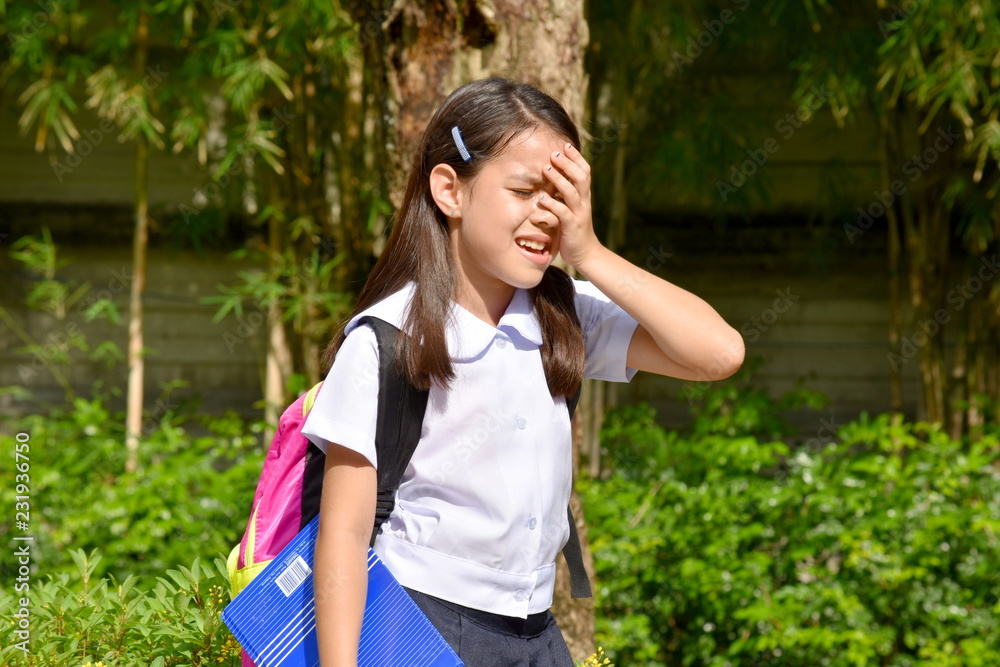 Forgetful Diverse Female Student School Girl Wearing School Uniform With Books Forgetful Diverse Female Student School Girl Wearing School Uniform With Books