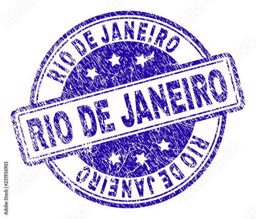 RIO DE JANEIRO stamp seal imprint with grunge effect. Designed with rounded rectangles and circles. Blue vector rubber print of RIO DE JANEIRO label with grunge texture.