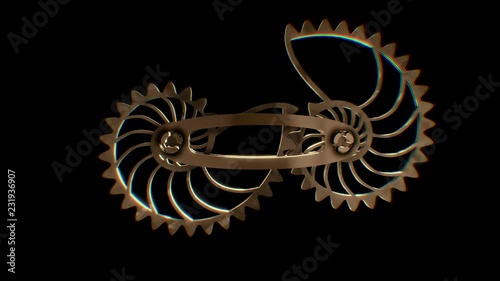 Isolate spiral metallic gears rotating on the black background. Loop animation.