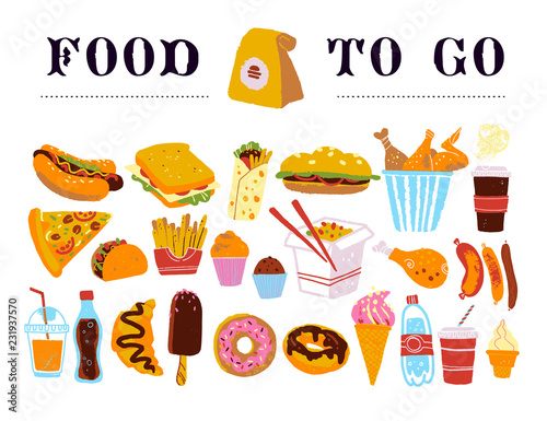 Vector hand drawn collection of fast food to go - coffee, hot dog, sandwich, burger, wok, chicken, fries etc. isolated on white background. Sketch style. Good for menu & packaging design, chalkboard.