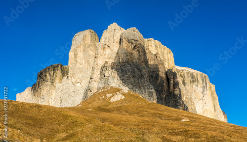 autumn view of the mountain from the Sella Pass. Its connects the Gardena Valley in South Tyrol and Canazei in the Fassa Valley in Trentino, Italy.