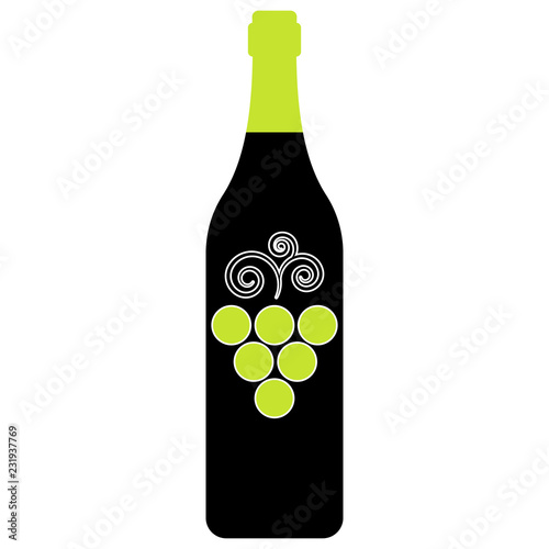 Bottle of white wine. Black bottle of wine with a white neck. Vector illustration bunch of grapes on a bottle. 