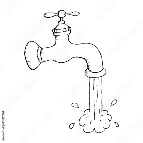 Vector  illustration of falling water from tap on white background. Hand drawn doodle.