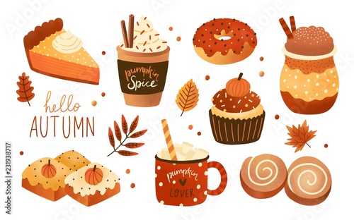Collection of pumpkin spice seasonal flavored products, food and drinks isolated on white background. Bundle of autumn delicious sweet desserts or pastry. Modern colorful vector illustration.