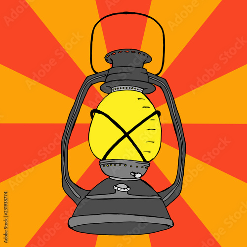 Oil lamp. Vector illustration of a lamp for tourism. Street light. Hand drawn old vintage oil lamp. Street gas lamp for a picnic. 
