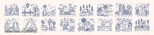 Collection of picturesque landscape icons or symbols drawn with contour lines on light background. Bundle of beautiful linear natural sceneries. Monochrome vector illustration in lineart style.