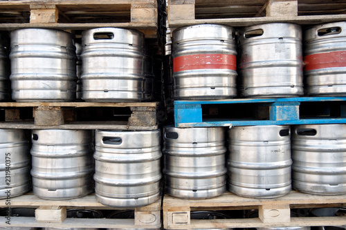 Pallets of beer kegs in stock brewery                           