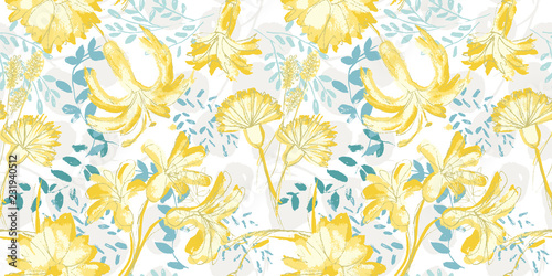 Vector yellow flowers seamless pattern background.