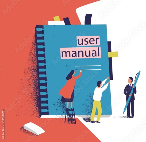 Tiny people or managers trying to open giant user manual. Small men and women and large computer software guide or technical document. Colorful vector illustration in modern flat cartoon style.
