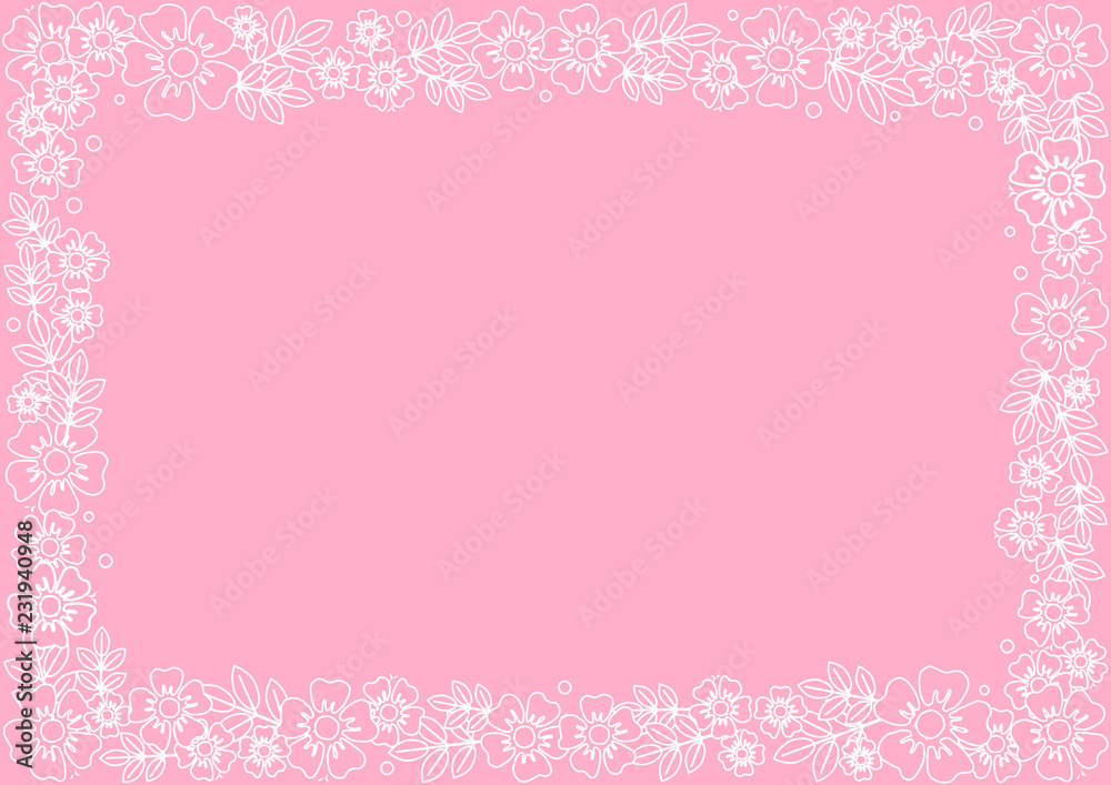 Decorative frame of white outline flowers and leaves on pink background for decoration, invitation or wedding, poster, valentines day, valentine, lettering or text, advertising, flower shop