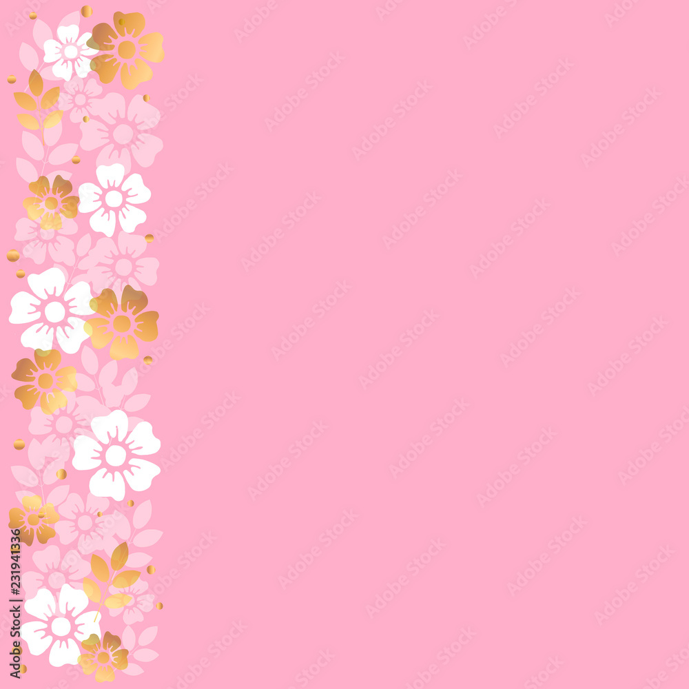 Pink background with stripe of white and golden flowers and leaves on the left side