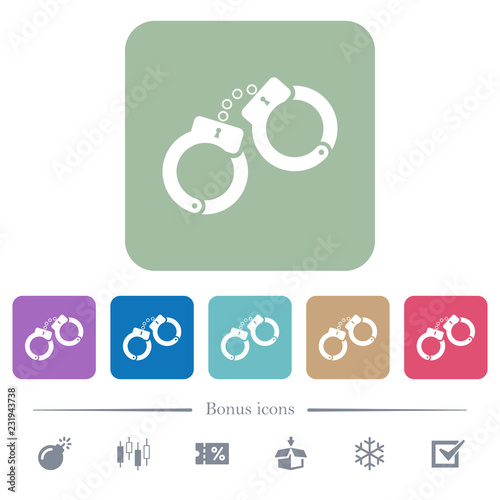 Handcuffs flat icons on color rounded square backgrounds
